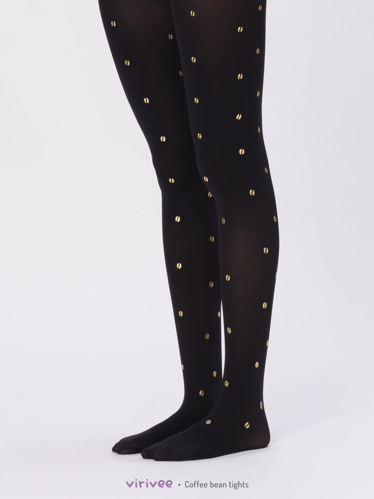 Schwarze Strumpfhose mit goldenem Kaffeebohnen-Print.
