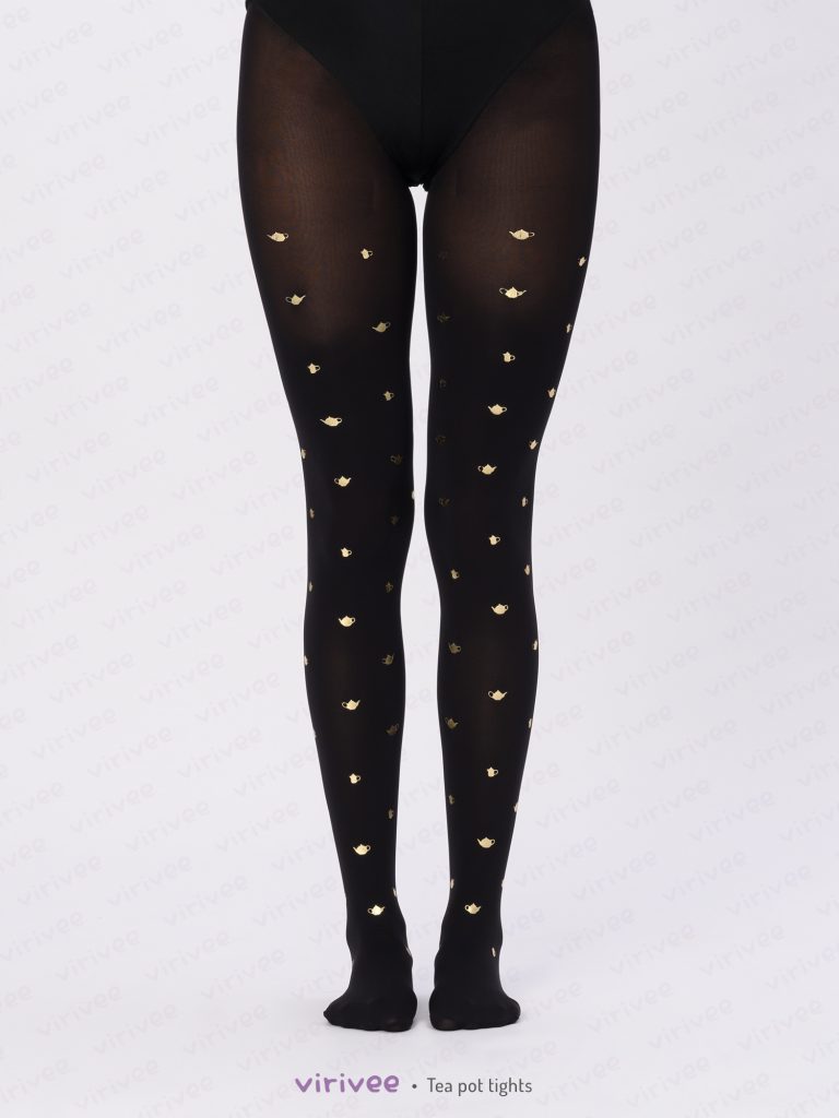 Schwarze Strumpfhose mit Teekannen Muster