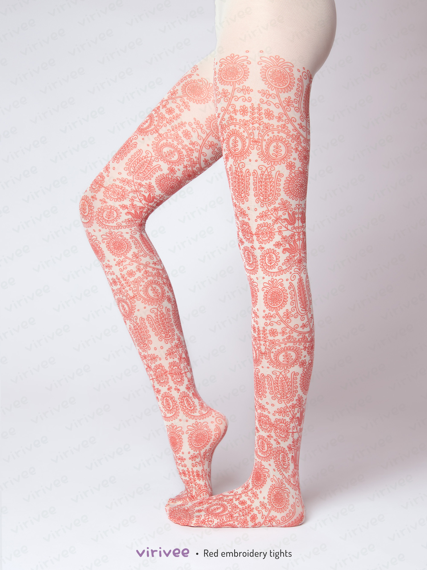 Strumpfhose Mit Roter Blumenstickerei